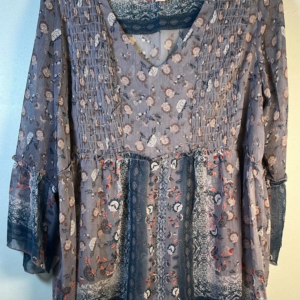 Knox Rose Sheer Boho Baby Doll 3/4 Flare Sleeve Pull On Top Festival Rodeo Hippi